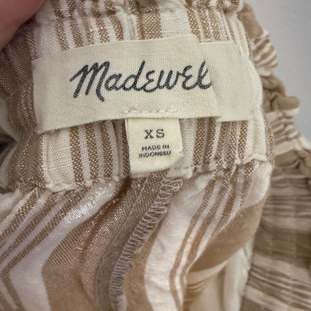 Madewell Brown White Stripe Linen Blend Smocked Huston Wide-Leg Cropped Pants XS - Picture 5 of 6